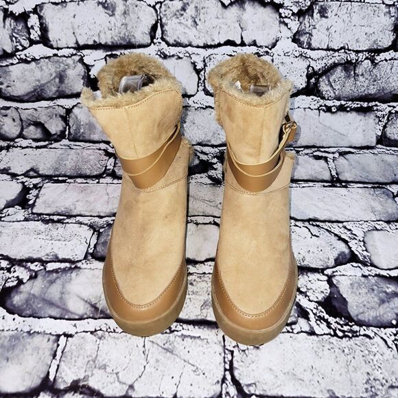 Divided womens furry tan calf straps sude-feel boots - Picture 3 of 6